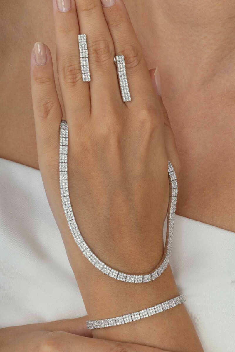 Beyaz Altın Kaplama 3 Sıra Su Yolu 925 Ayar Gümüş Düğün Seti - 2