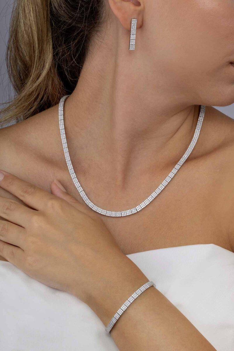 Beyaz Altın Kaplama 3 Sıra Su Yolu 925 Ayar Gümüş Düğün Seti - 1