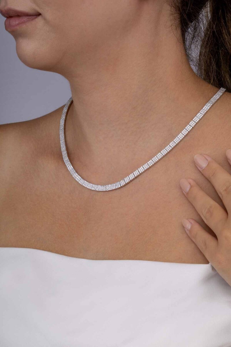 Beyaz Altın Kaplama 3 Sıra Su Yolu 925 Ayar Gümüş Kolye - 3