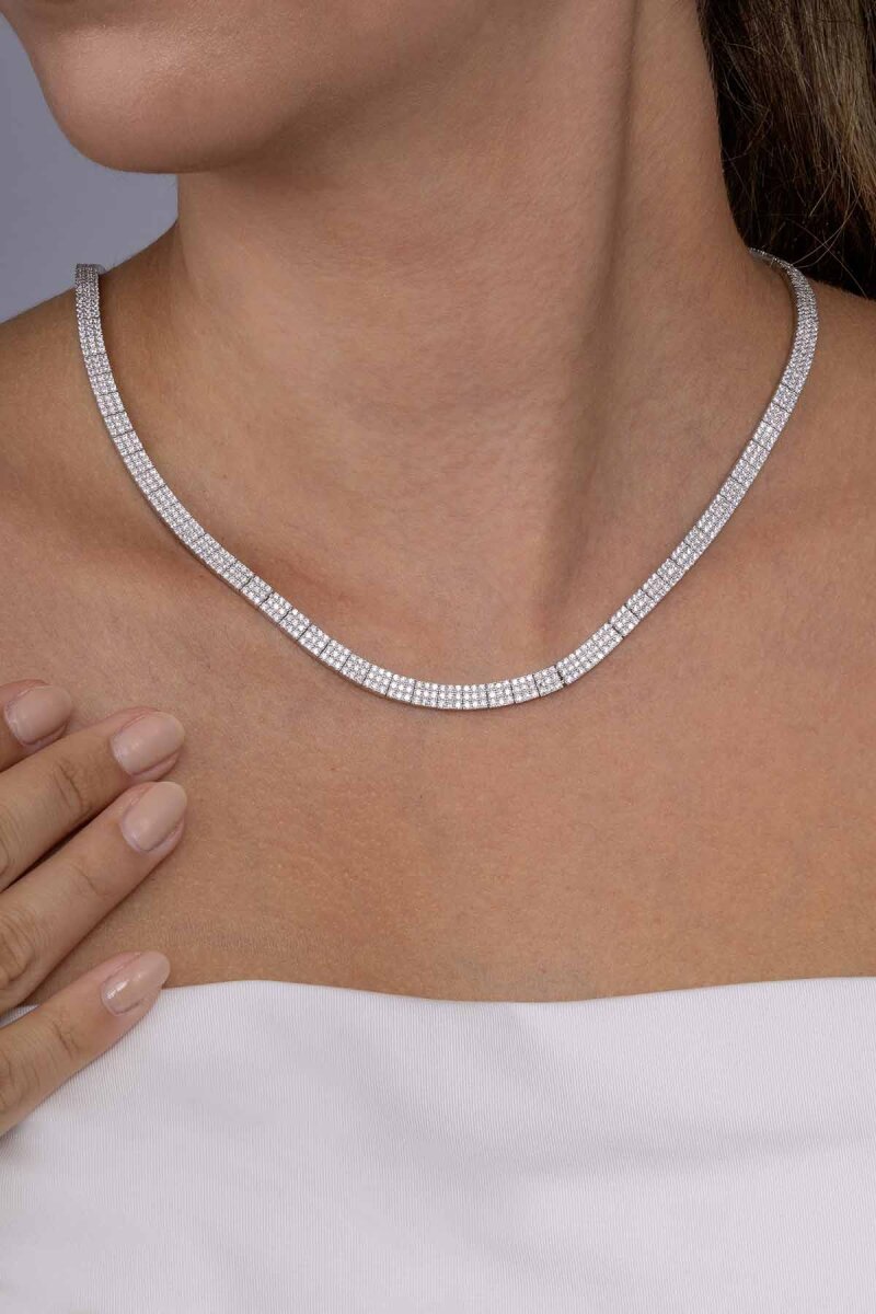 Beyaz Altın Kaplama 3 Sıra Su Yolu 925 Ayar Gümüş Kolye - 1