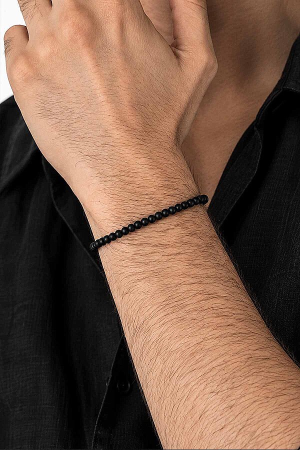 4 mm Minimal Taşlı Oniks Taşlı Doğal Taş Erkek Bileklik - Gümüş Pazarım