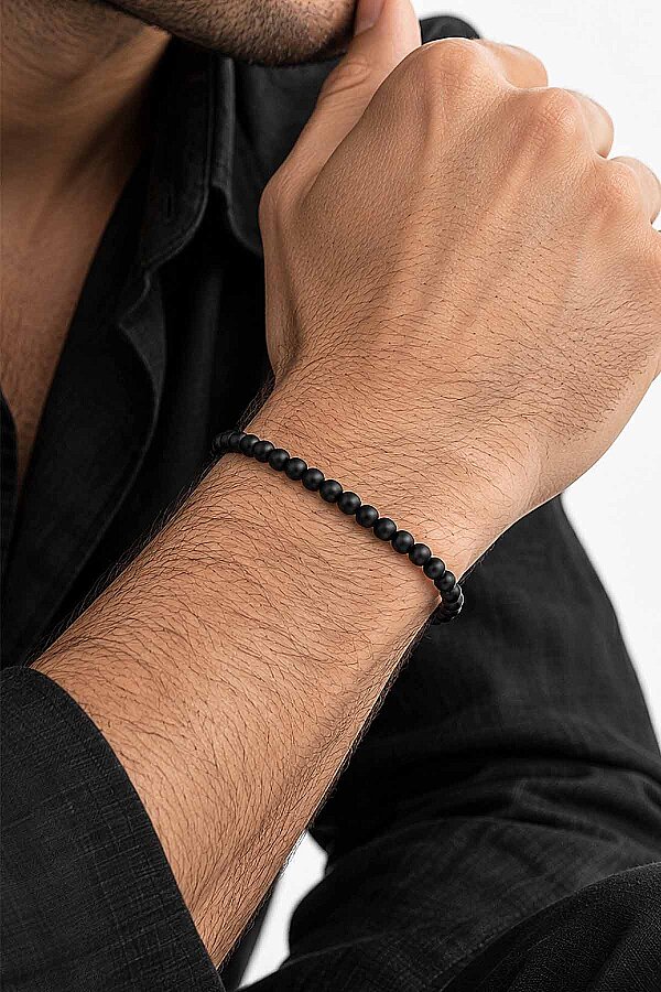 4 mm Minimal Taşlı Oniks Taşlı Doğal Taş Erkek Bileklik - Gümüş Pazarım