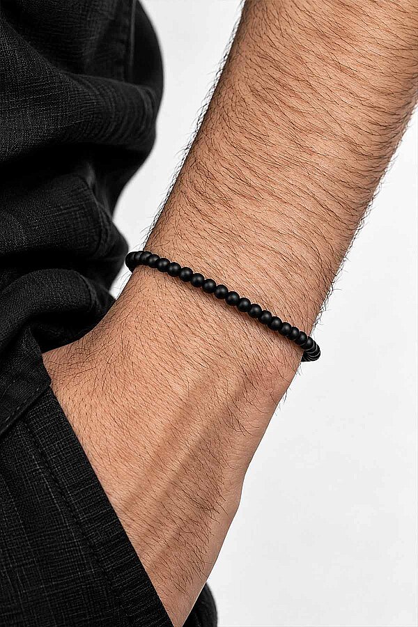 4 mm Minimal Taşlı Oniks Taşlı Doğal Taş Erkek Bileklik - Gümüş Pazarım