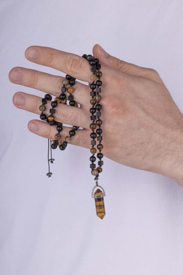 5 mm Oniks Kaplan Gözü Karışımı Doğal Taş Erkek Kolye - 3