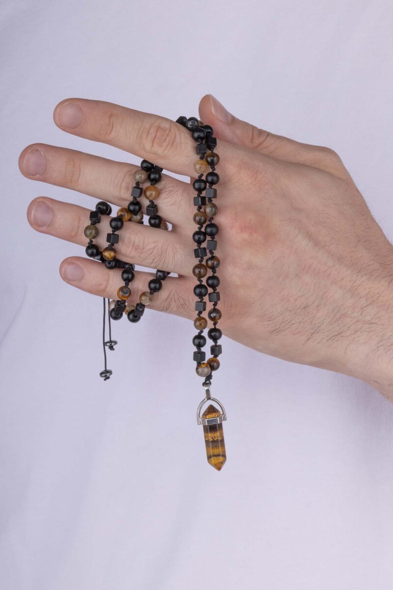 5 mm Oniks Kaplan Gözü Karışımı Doğal Taş Erkek Kolye - 3