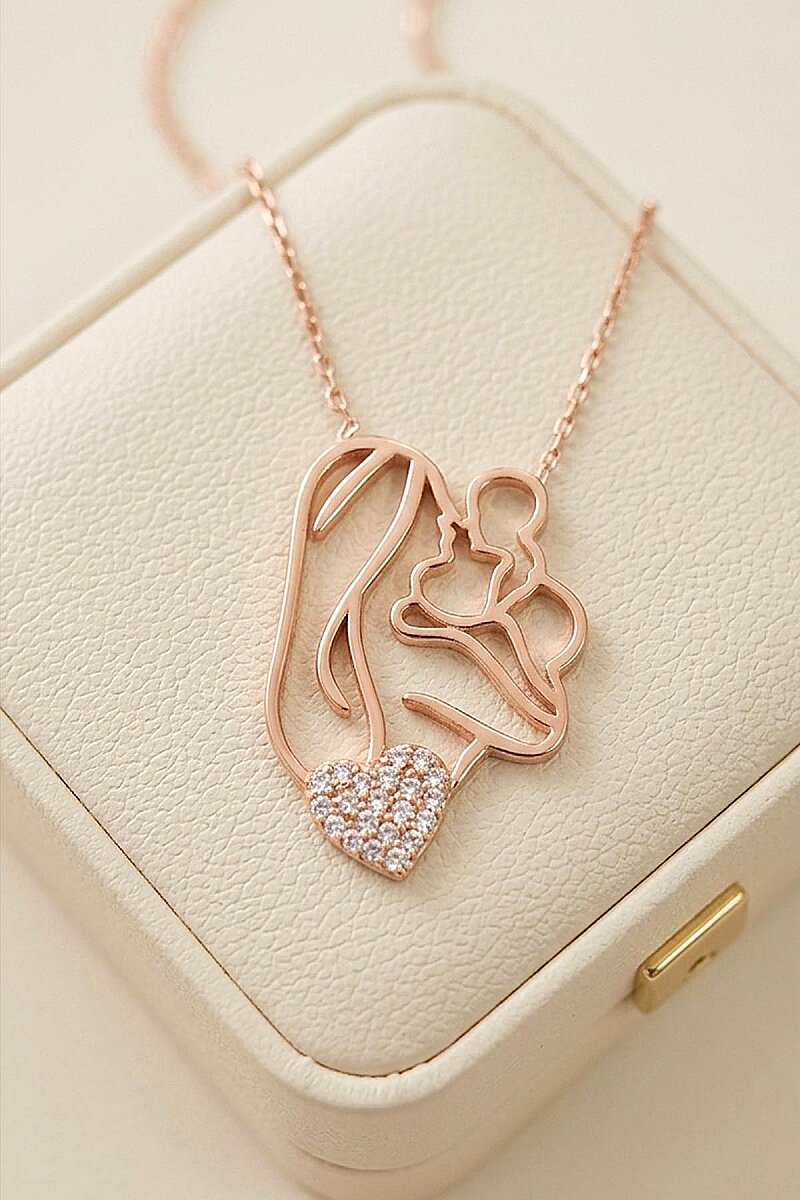 925 Ayar Gümüş Kalp Motifli Anne Bebek Kolye - 1