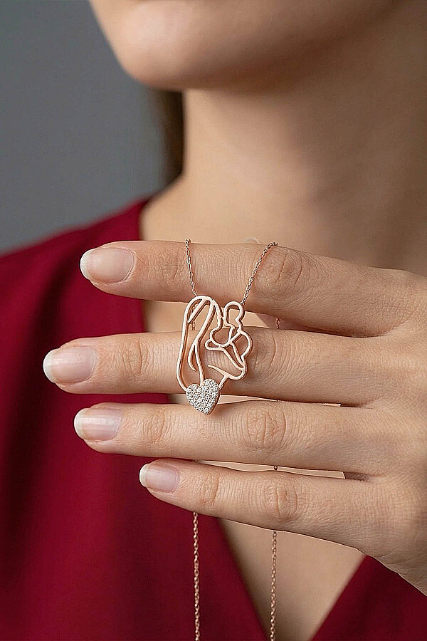 925 Ayar Gümüş Kalp Motifli Anne Bebek Kolye - Gümüş Pazarım