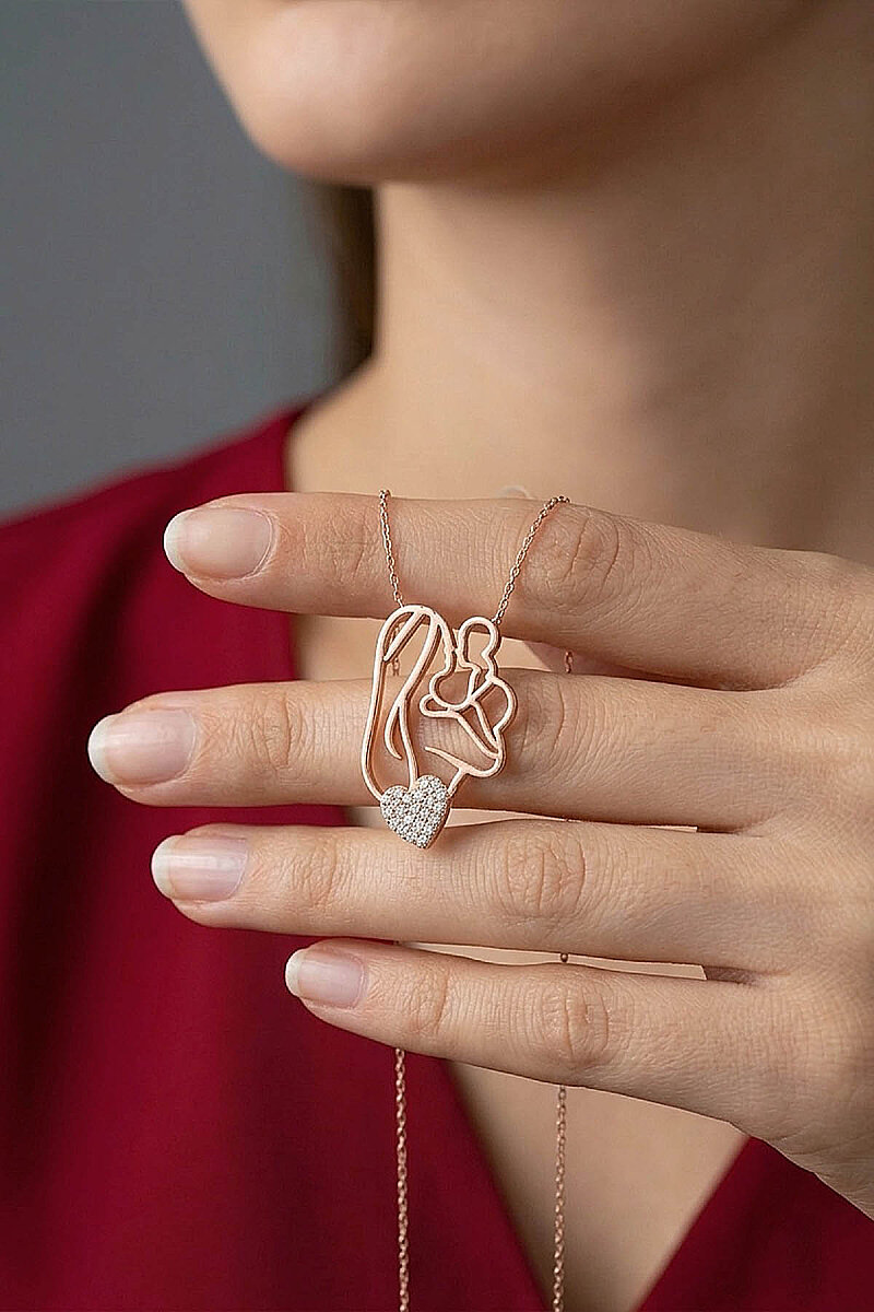 925 Ayar Gümüş Kalp Motifli Anne Bebek Kolye - 2