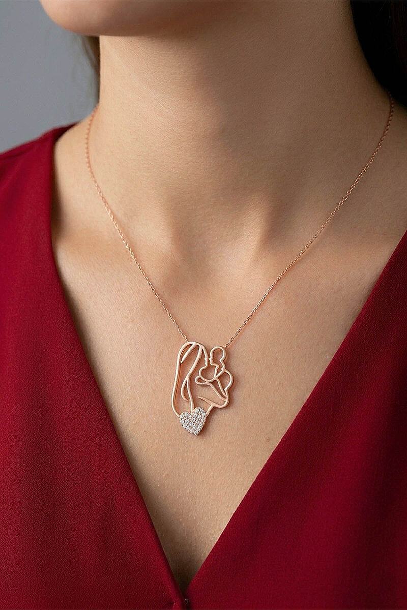 925 Ayar Gümüş Kalp Motifli Anne Bebek Kolye - 3