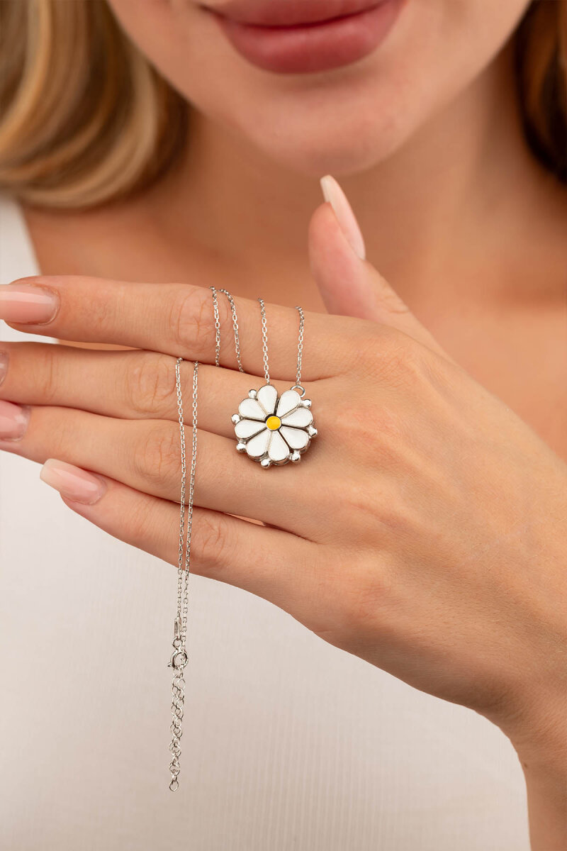 Açılır Kapanır Çift Kullanımlı Papatya Kadın Gümüş Kolye - 3