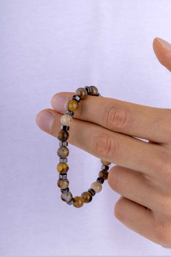 Akik Taşlı Hematit Parçalı Doğal Taş Erkek Bileklik - Gümüş Pazarım