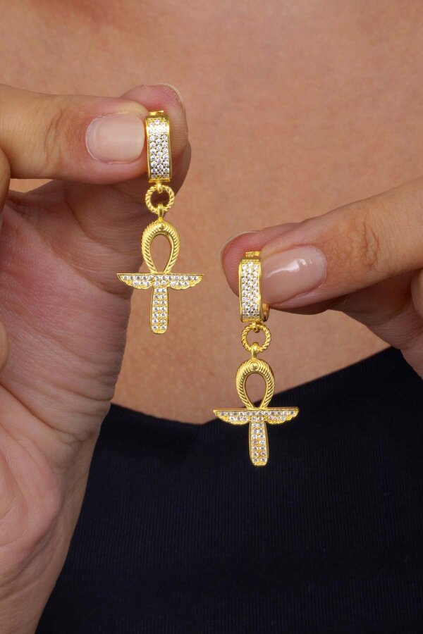 Altın Kaplama 925 Ayar Gümüş Ankh Sembol Küpe - 3