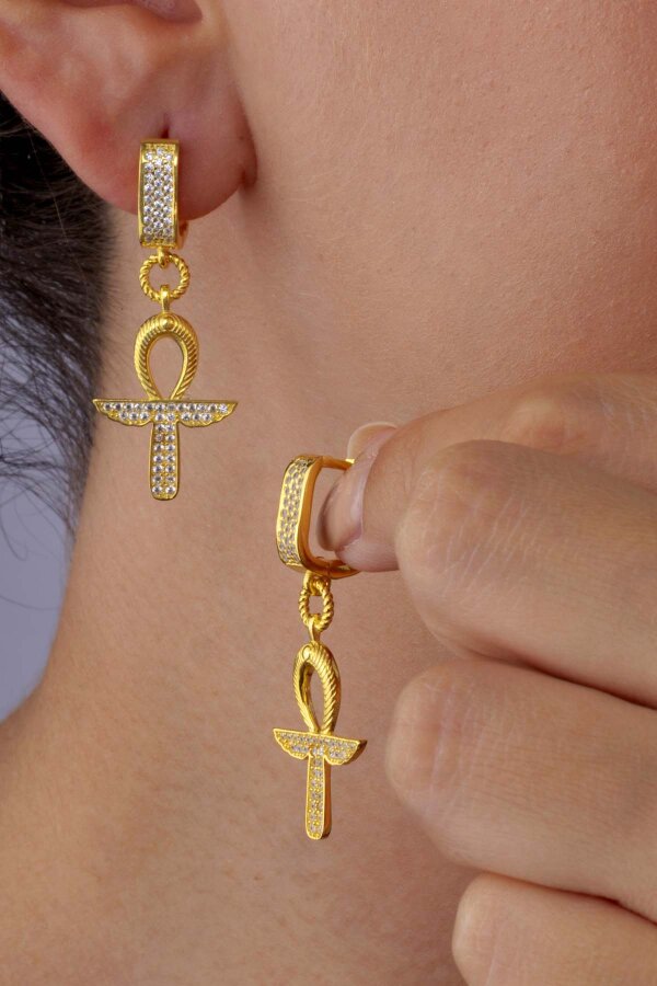 Altın Kaplama 925 Ayar Gümüş Ankh Sembol Küpe - 1