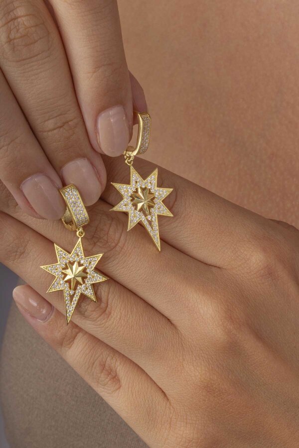 Altın Kaplama 925 Ayar Gümüş Kutup Yıldızı Küpe - 3