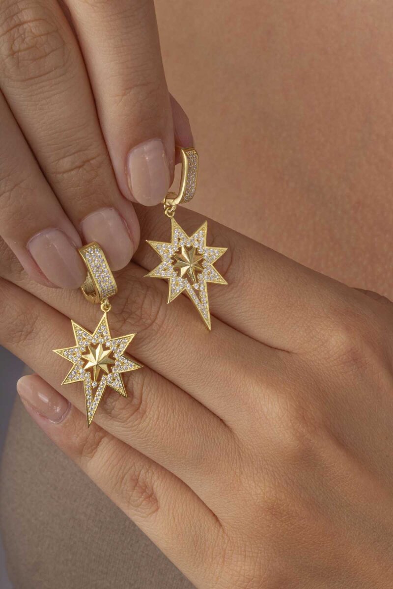 Altın Kaplama 925 Ayar Gümüş Kutup Yıldızı Küpe - 3