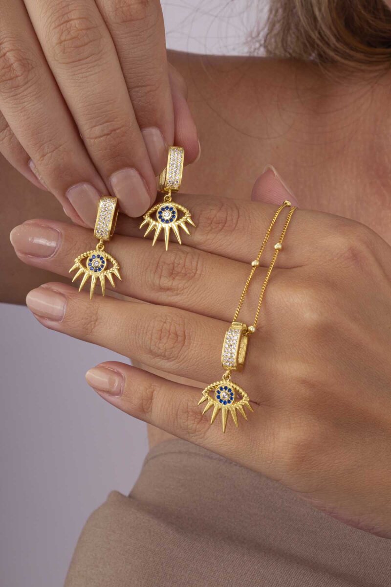 Altın Kaplama 925 Ayar Gümüş Nazarlı Göz Kirpik Kolye Küpe Set - 2