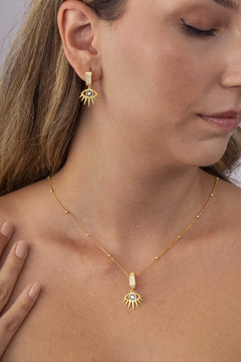 Altın Kaplama 925 Ayar Gümüş Nazarlı Göz Kirpik Kolye Küpe Set - 3