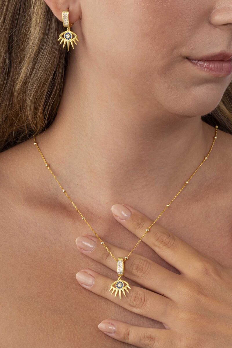 Altın Kaplama 925 Ayar Gümüş Nazarlı Göz Kirpik Kolye Küpe Set - 1