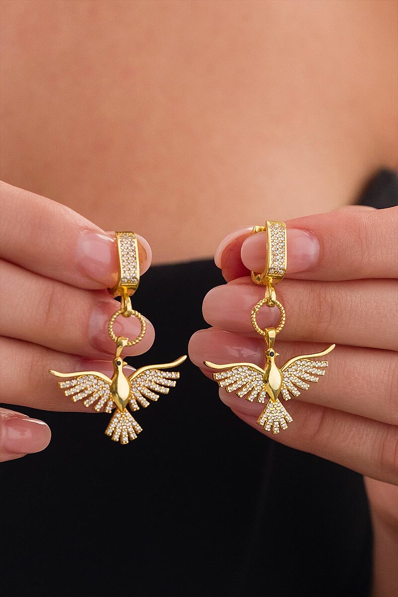Altın Kaplama 925 Ayar Gümüş Top Zincirli Anka Kuşu Kolye Küpe Set - 5