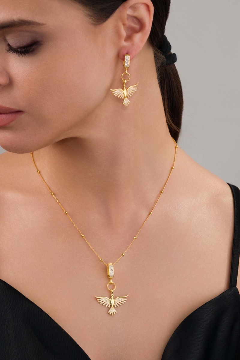Altın Kaplama 925 Ayar Gümüş Top Zincirli Anka Kuşu Kolye Küpe Set - 3
