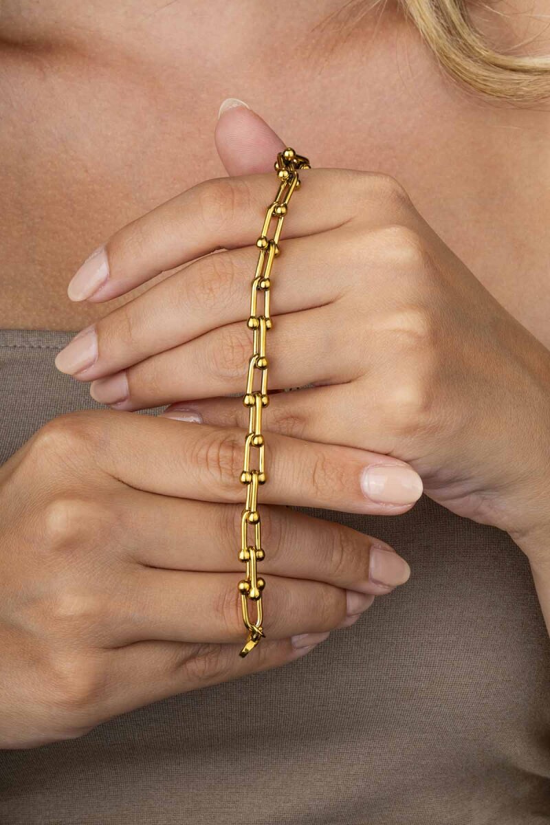 Altın Kaplama Ataç Top Uçlu Zincir Model Kadın Çelik Bileklik - 2