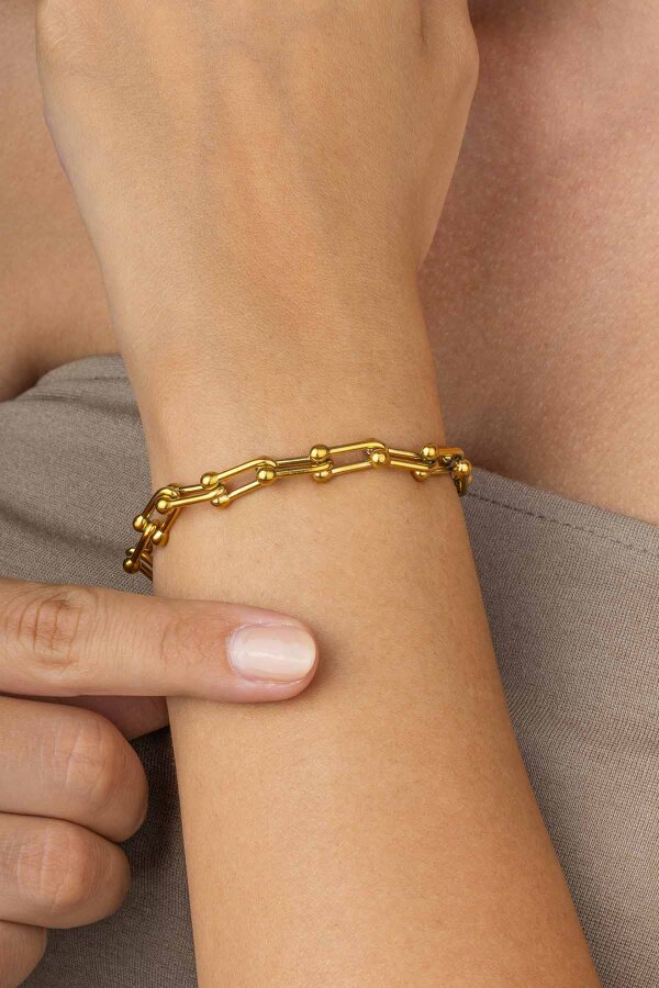 Altın Kaplama Ataç Top Uçlu Zincir Model Kadın Çelik Bileklik - Gümüş Pazarım