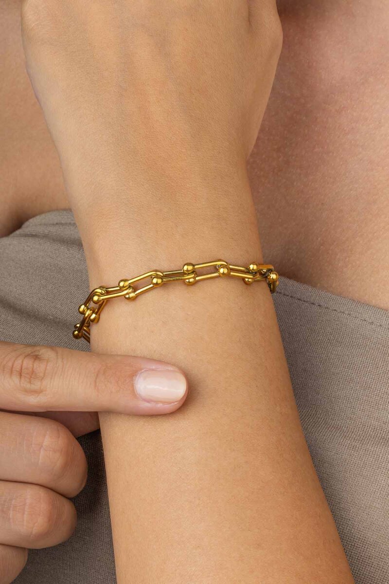 Altın Kaplama Ataç Top Uçlu Zincir Model Kadın Çelik Bileklik - 1