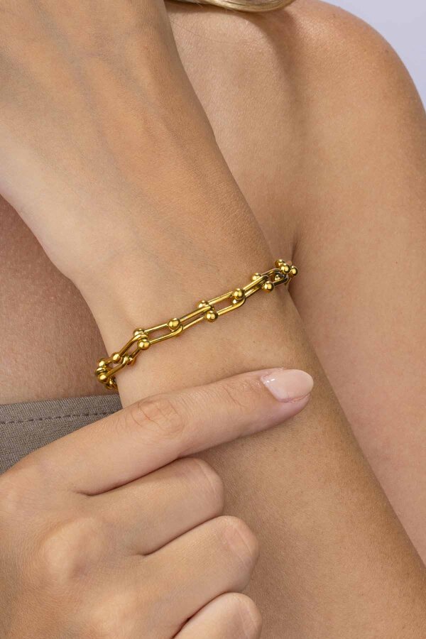 Altın Kaplama Ataç Top Uçlu Zincir Model Kadın Çelik Bileklik - Gümüş Pazarım