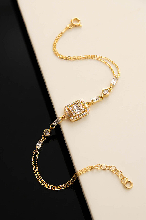 Altın Kaplama Baget Taşlı Emerald Kesim Gümüş Bileklik - Gümüş Pazarım