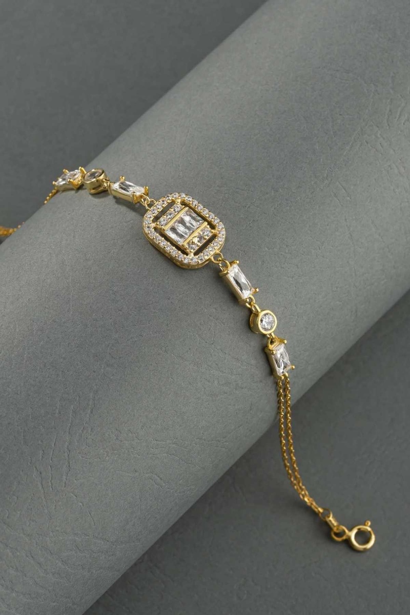 Altın Kaplama Baget Taşlı Emerald Kesim Gümüş Bileklik - 1