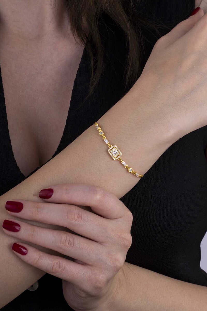 Altın Kaplama Baget Taşlı Emerald Kesim Gümüş Bileklik - 2