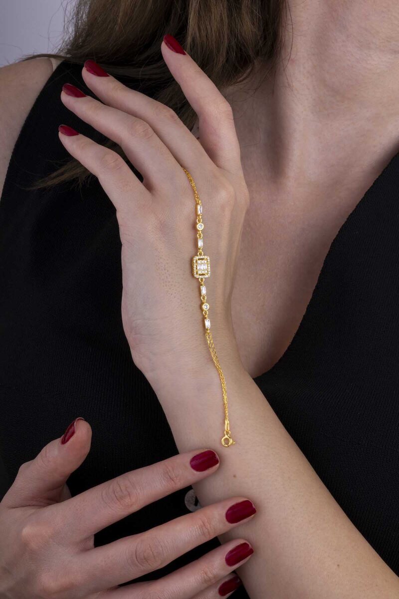 Altın Kaplama Baget Taşlı Emerald Kesim Gümüş Bileklik - 1