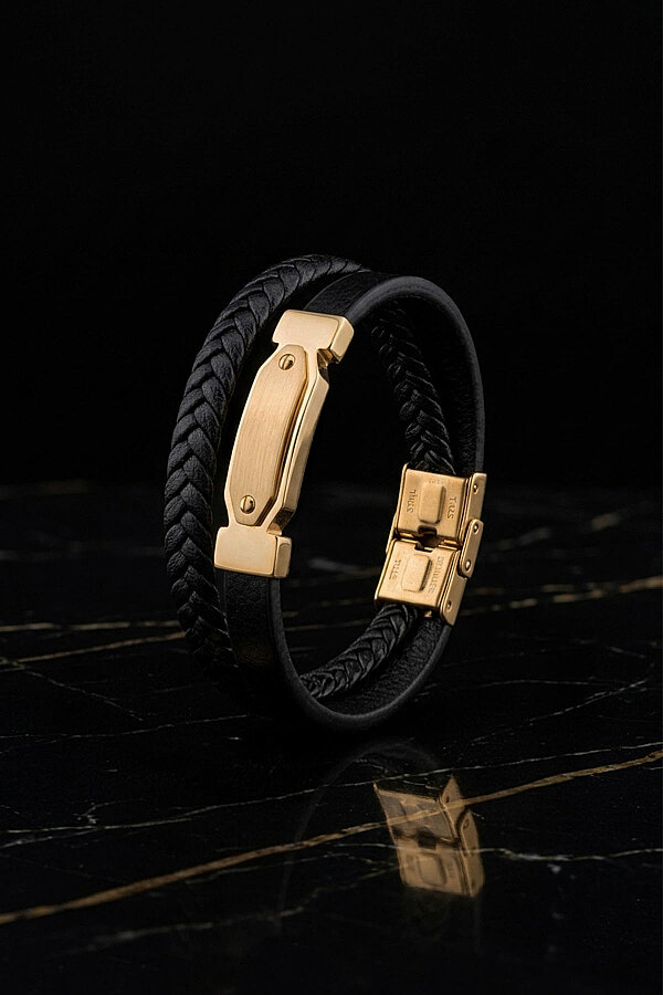 Altın Kaplama Çelik Aparatlı 2 Parçalı Erkek Deri Bileklik - Gümüş Pazarım