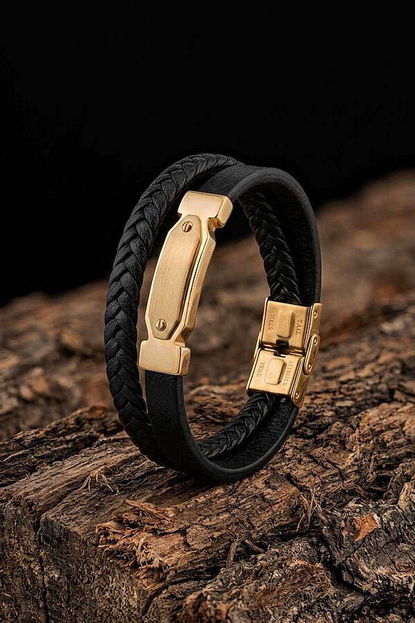 Altın Kaplama Çelik Aparatlı 2 Parçalı Erkek Deri Bileklik - Gümüş Pazarım