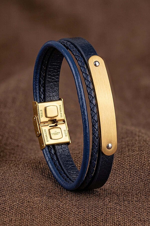 Altın Kaplama Çelik Aparatlı Lacivert Deri Erkek Bileklik - Gümüş Pazarım