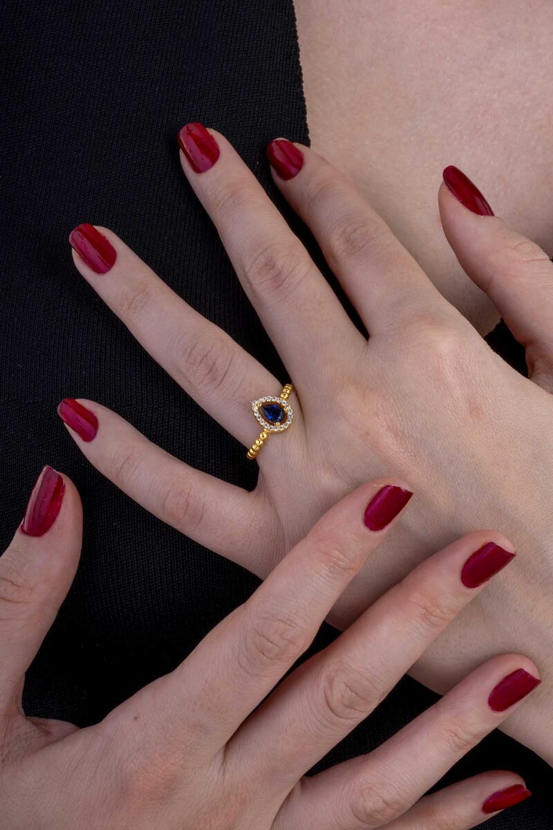 Altın Kaplama Damla Kesim Safir Gümüş Yüzük - 1