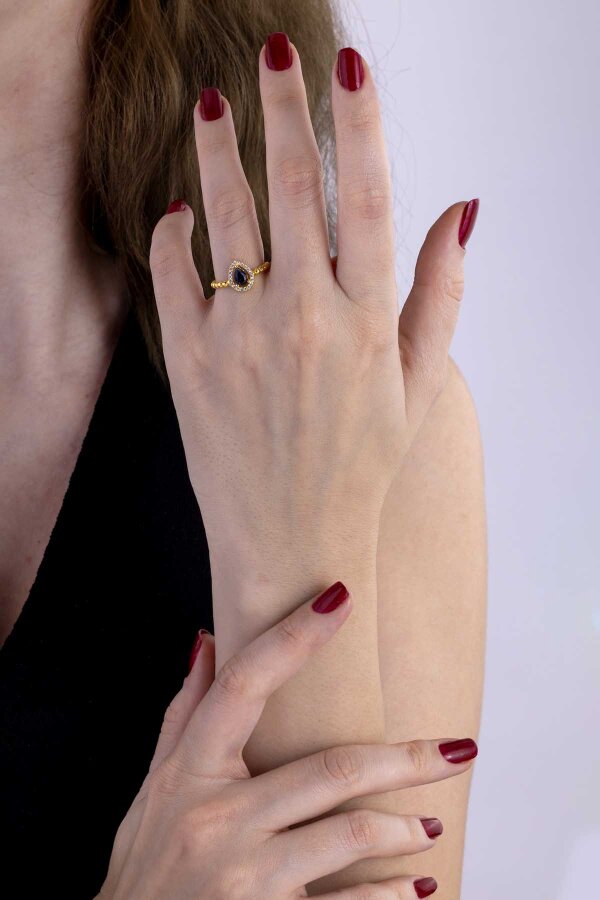 Altın Kaplama Damla Kesim Safir Gümüş Yüzük - Gümüş Pazarım