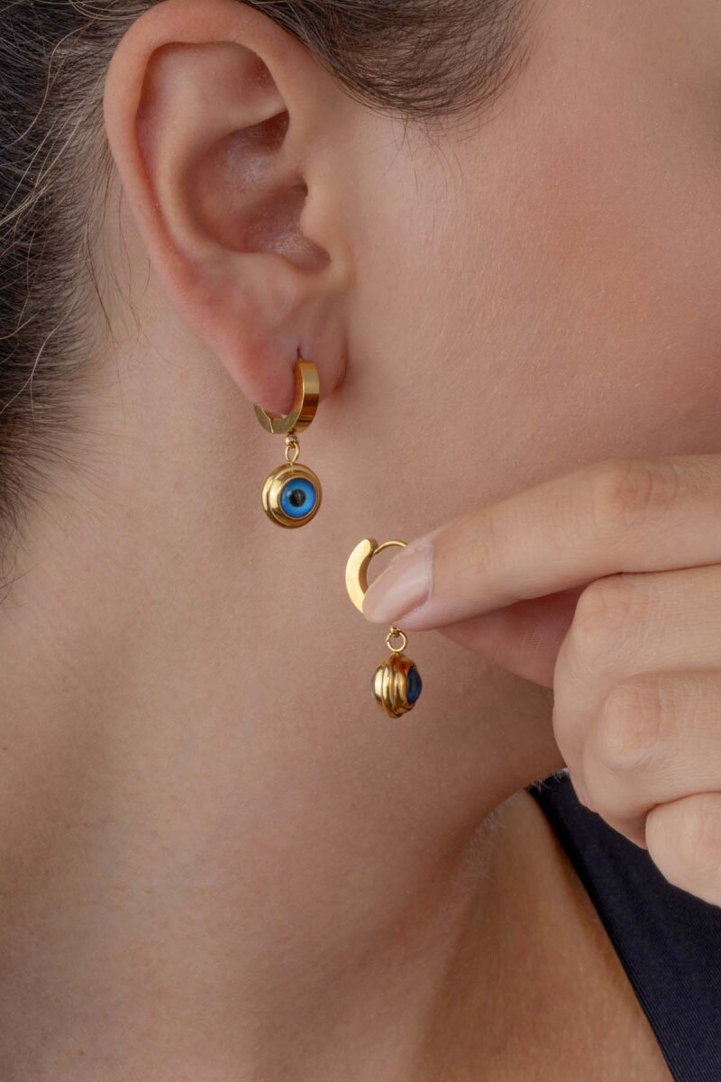 Altın Kaplama Mineli Nazar Boncuklu Göz Çelik Küpe - 2