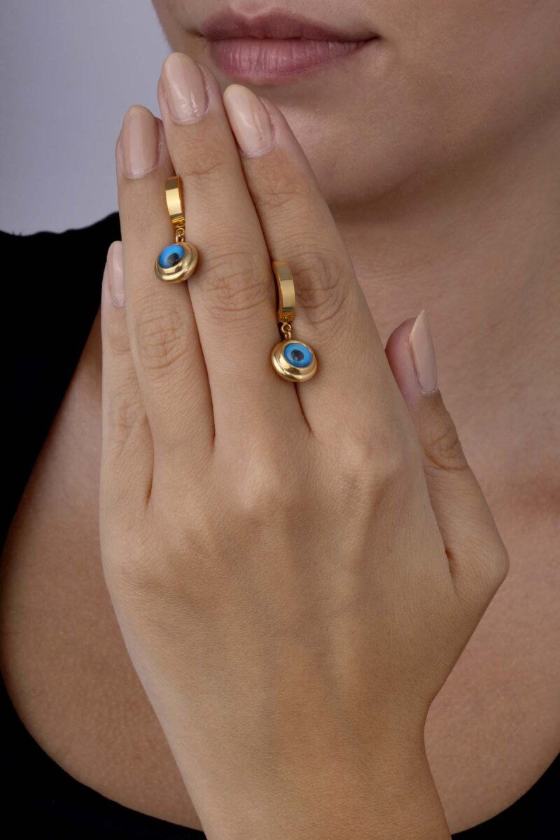 Altın Kaplama Mineli Nazar Boncuklu Göz Çelik Küpe - 3