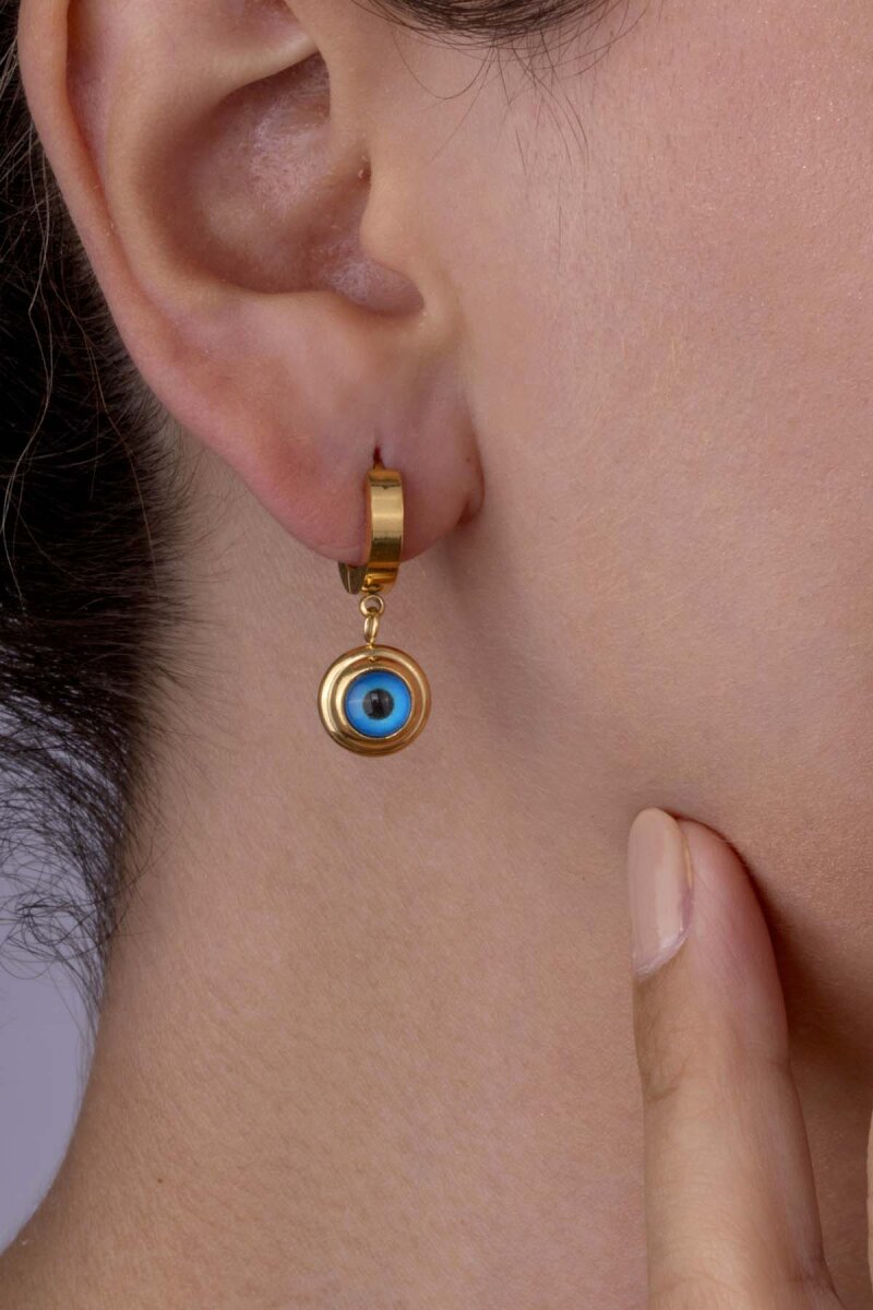 Altın Kaplama Mineli Nazar Boncuklu Göz Çelik Küpe - 1