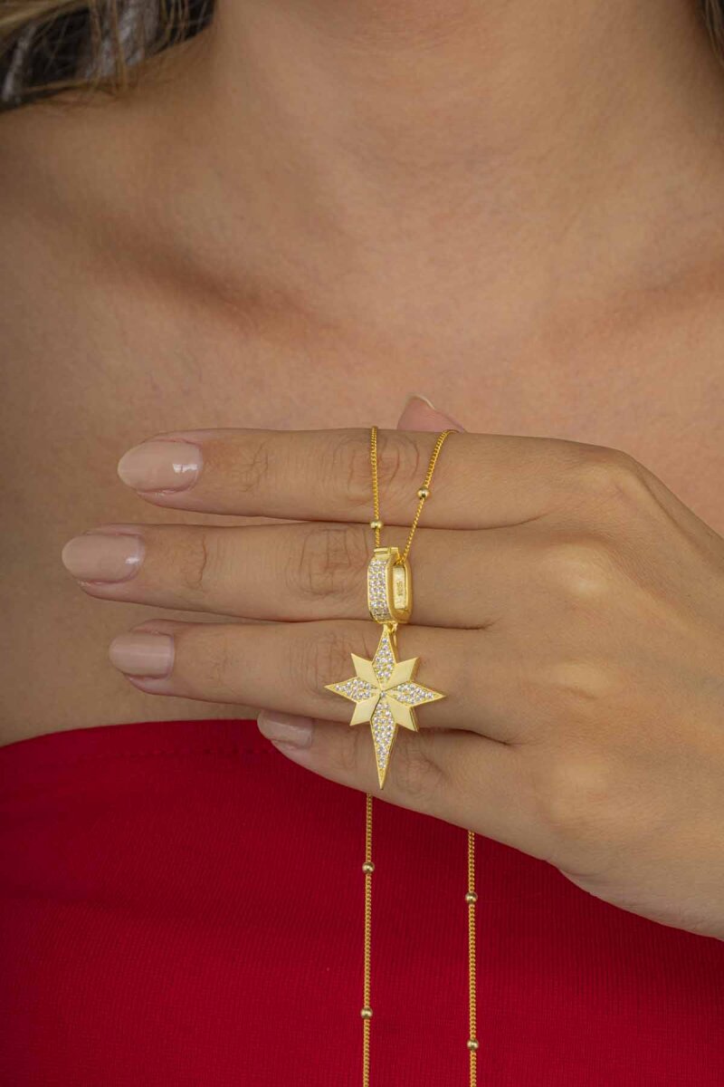 Altın Kaplama Özel Tasarım Kutup Yıldızı Gümüş Kolye - 3