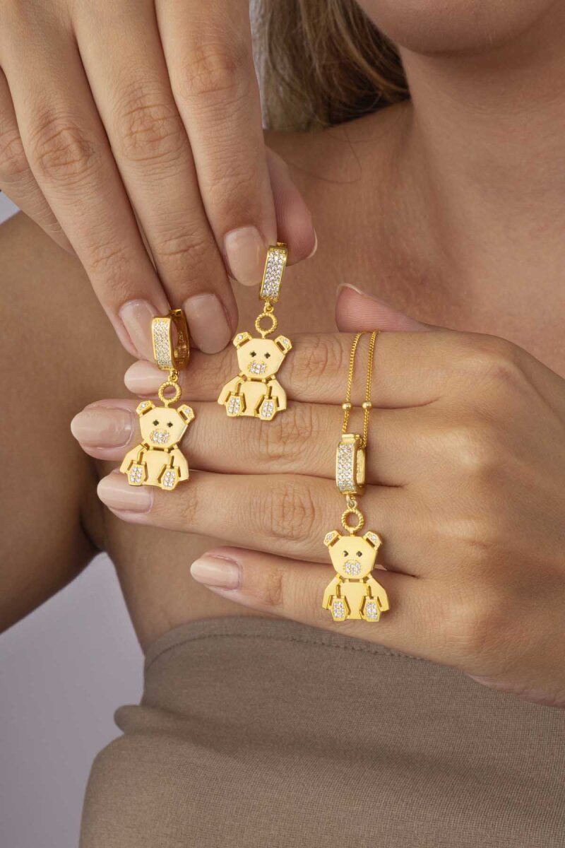 Altın Kaplama Panda Motifli 925 Ayar Gümüş Set - 1