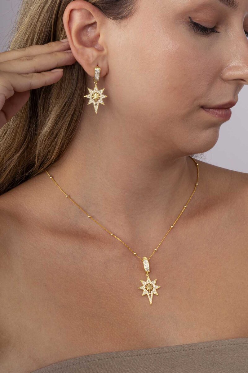 Altın Kaplama Top Zincirli 925 Ayar Gümüş Kutup Yıldızı Set - 1