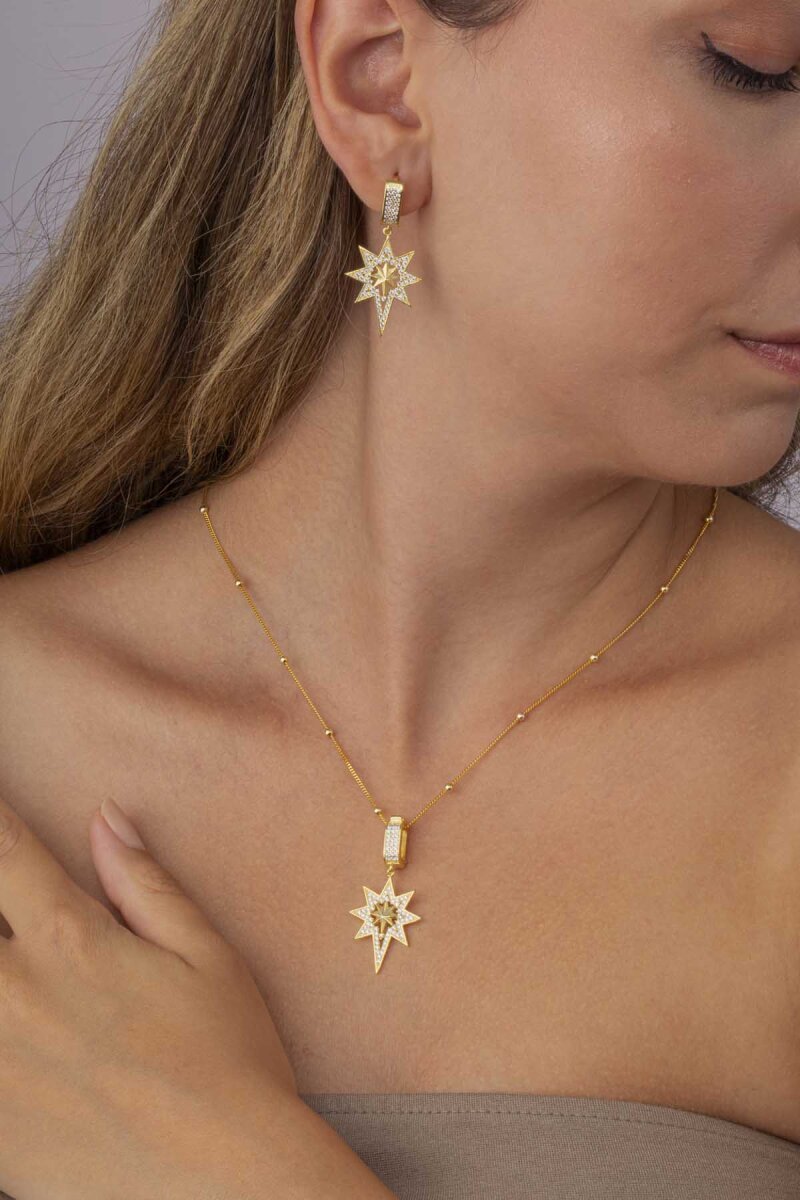 Altın Kaplama Top Zincirli 925 Ayar Gümüş Kutup Yıldızı Set - 2