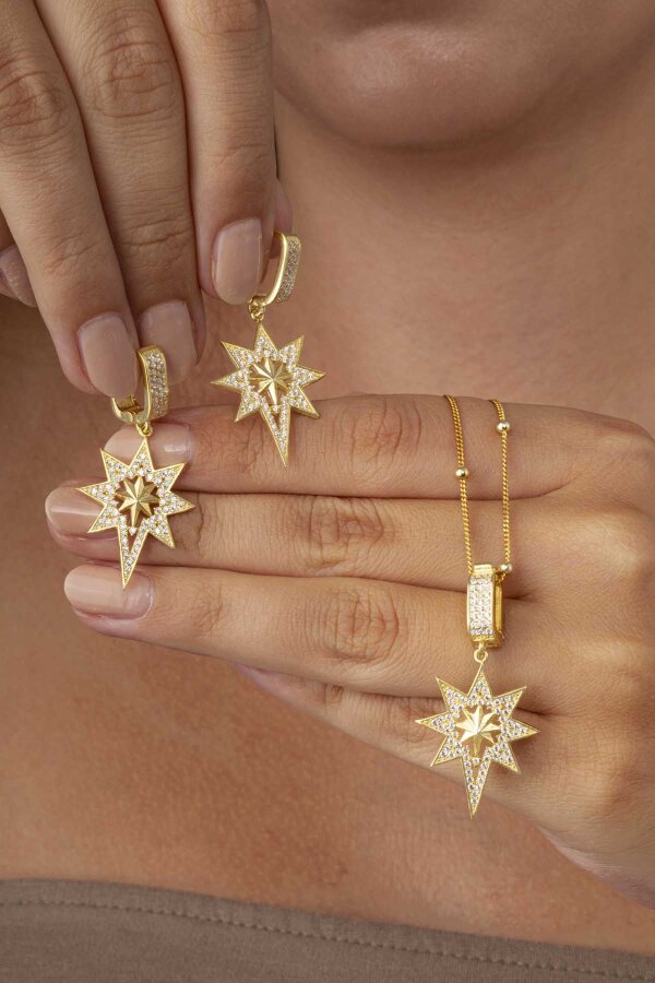 Altın Kaplama Top Zincirli 925 Ayar Gümüş Kutup Yıldızı Set - Gümüş Pazarım