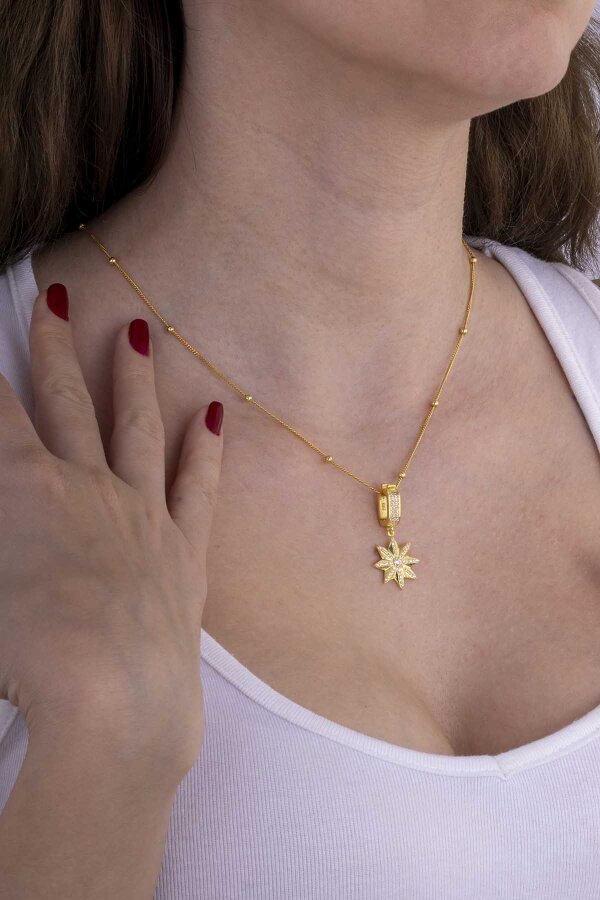 Altın Kaplama Top Zincirli 925 Ayar Gümüş Yıldız Kolye - Gümüş Pazarım