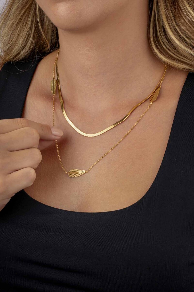 Altın Kaplama Yaprak Motifli Çift Zincir Kadın Çelik Zincir - 1