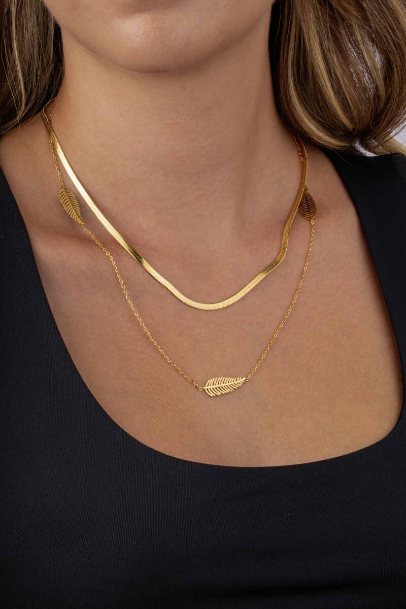 Altın Kaplama Yaprak Motifli Çift Zincir Kadın Çelik Zincir - 2