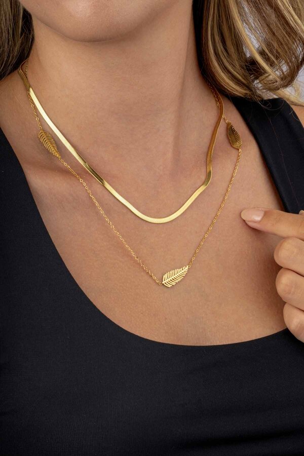 Altın Kaplama Yaprak Motifli Çift Zincir Kadın Çelik Zincir - Gümüş Pazarım