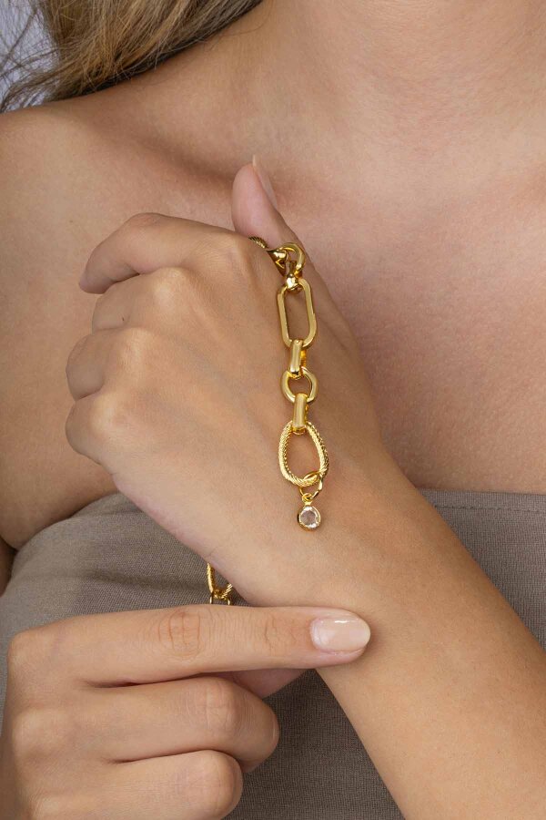 Altın Kaplama Zincir Model Çelik Kadın Bileklik - Gümüş Pazarım